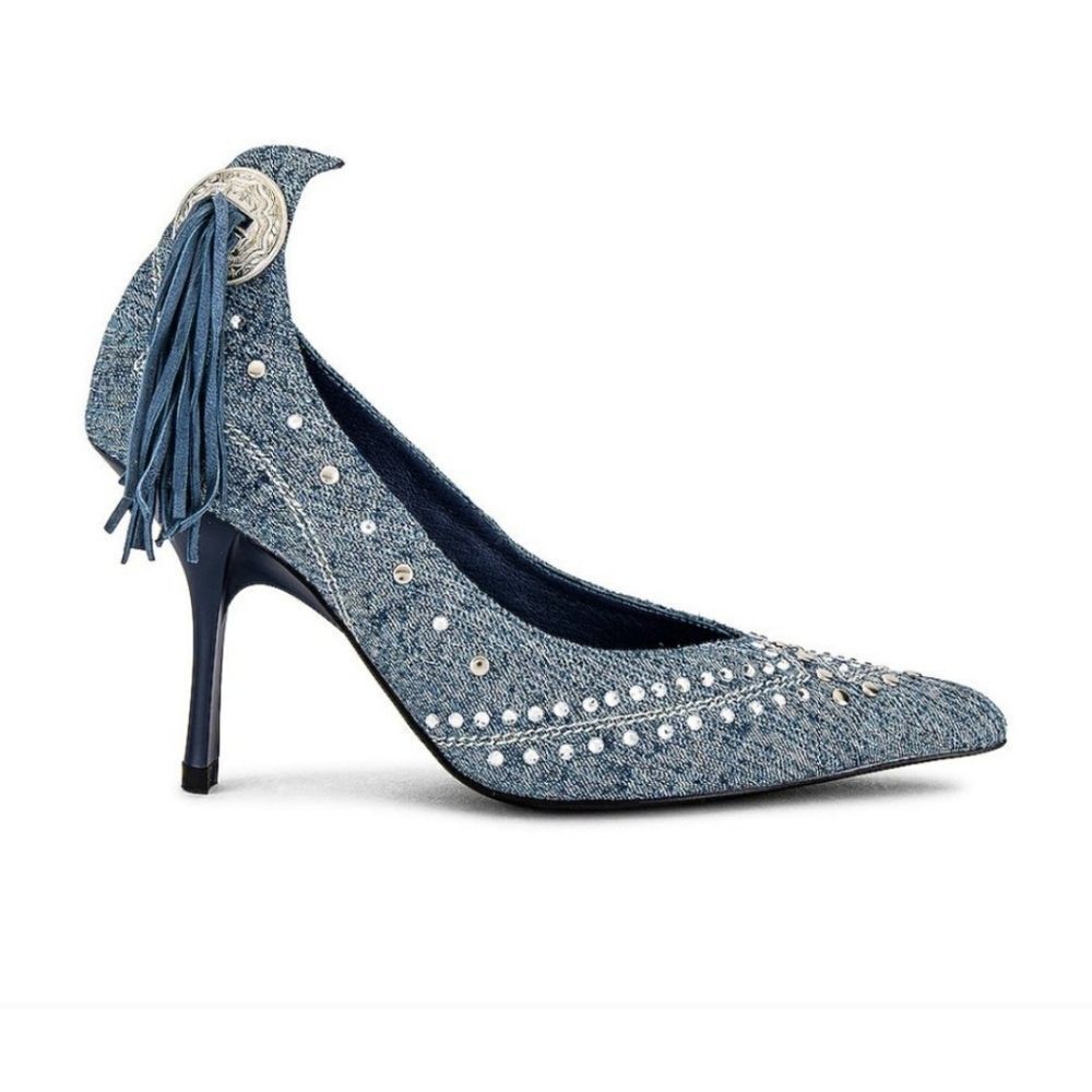 New Jeffrey Campbell cowgirl Yee Haw Heel in Blue Acid Wash Denim Blue Jean 6.5 - Picture 1 of 6